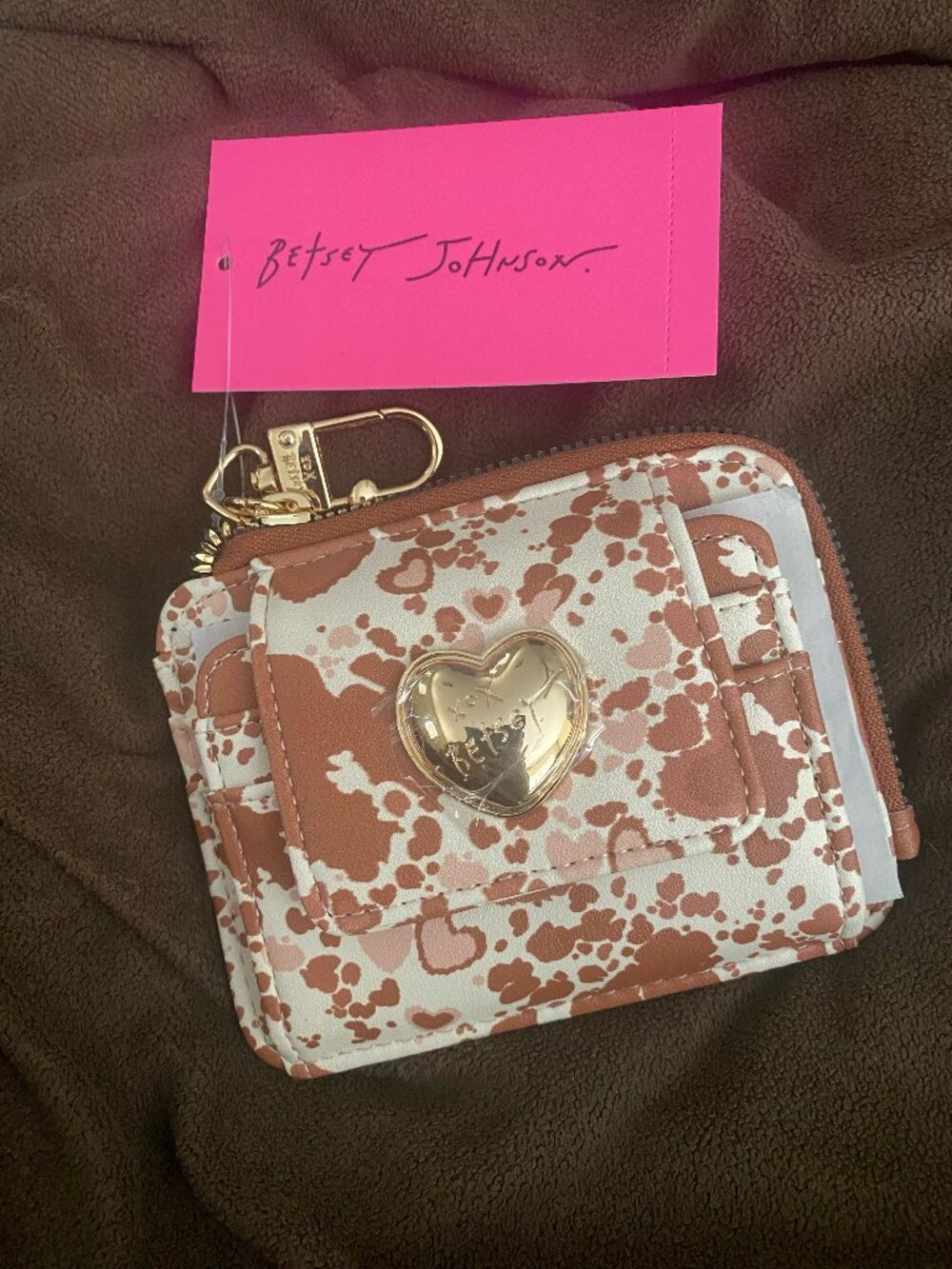 Betsey Johnson Cow Print Heart Zip Wallet Card Holder NWT